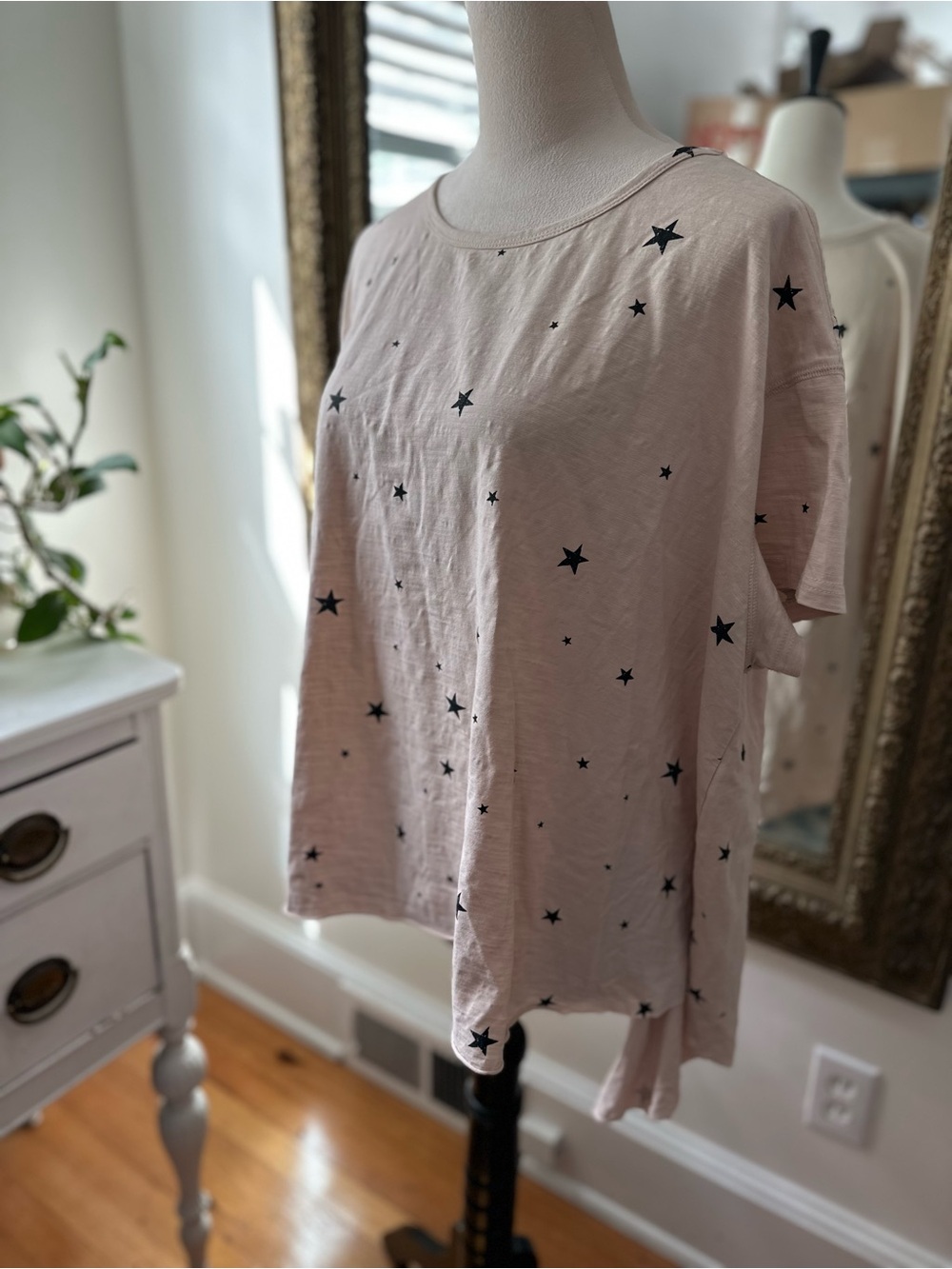 Easel oversized top stars knit rolled hem boho boxy relaxed short sleeves